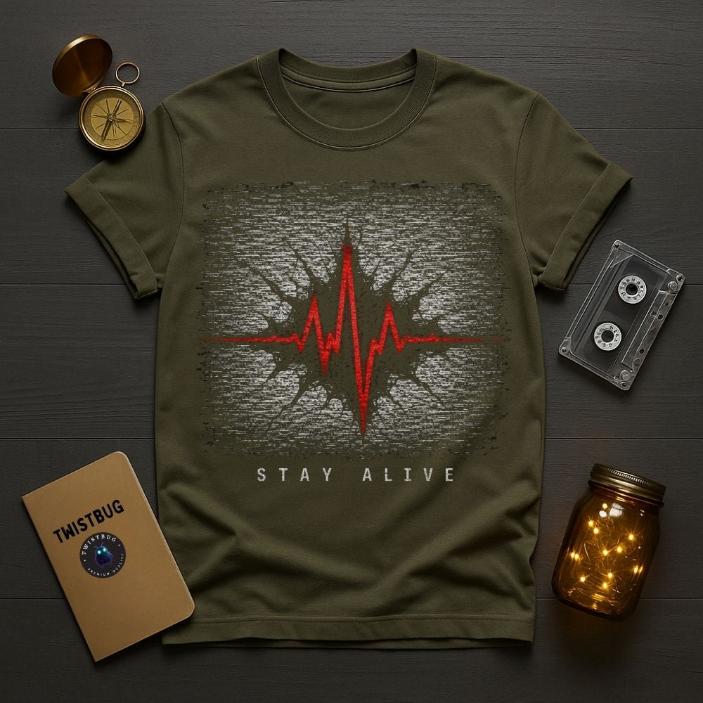 Green t-shirt with a red heartbeat design and 'Stay Alive' text on a wooden surface with vintage items.
