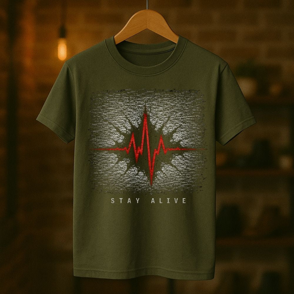 Green t-shirt with a red heartbeat design and 'Stay Alive' text on a wooden hanger against a blurred background.