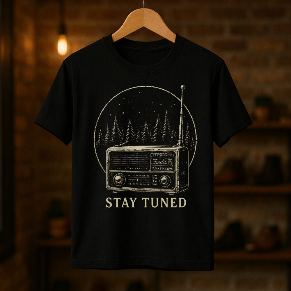 Black t-shirt with a radio graphic and 'Stay Tuned' text on a wooden hanger against a dark background.