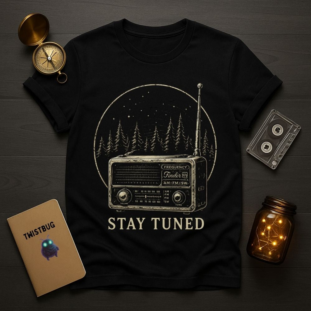 Black t-shirt with radio graphic and 'Stay Tuned' text on a wooden surface with vintage items.