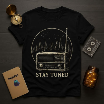 Black t-shirt with radio graphic and 'Stay Tuned' text on a wooden surface with vintage items.