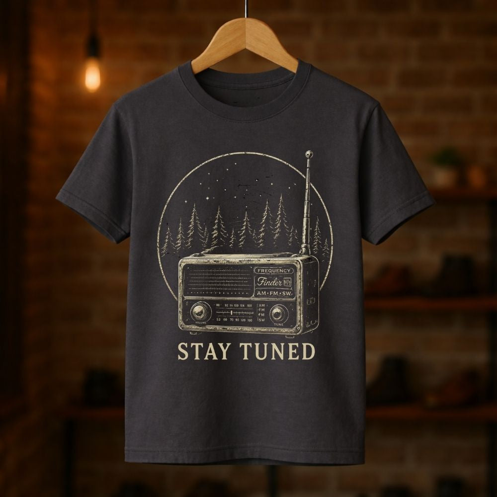 Dark gray t-shirt with a vintage radio graphic and 'Stay Tuned' text on a wooden hanger against a brick wall background.