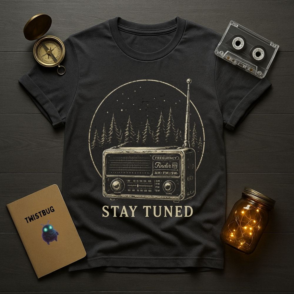 Black t-shirt with radio graphic and 'Stay Tuned' text on a wooden surface with vintage items.