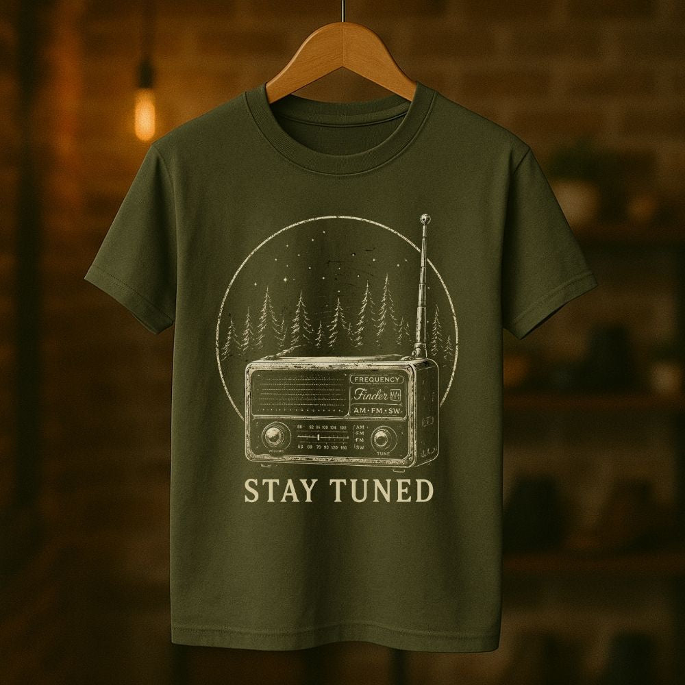 Green t-shirt with a radio graphic and 'Stay Tuned' text on a wooden hanger against a blurred background.