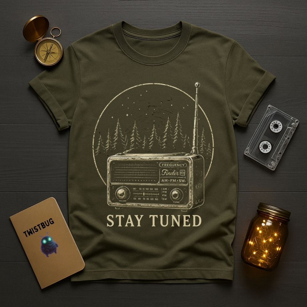 Green t-shirt with radio graphic and 'Stay Tuned' text on a wooden surface with vintage items.