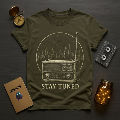 Green t-shirt with radio graphic and 'Stay Tuned' text on a wooden surface with vintage items.