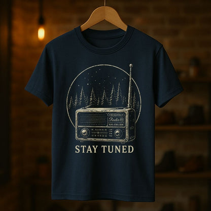 Navy blue t-shirt with a vintage radio graphic and 'Stay Tuned' text on a wooden hanger against a dark background.