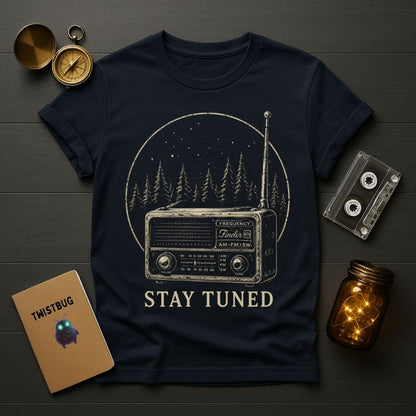 Navy blue t-shirt with radio graphic and 'Stay Tuned' text on a wooden surface with vintage items.