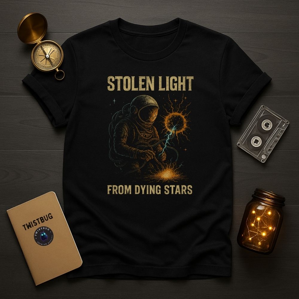 Black “Stolen Light From Dying Stars” T-shirt with astronaut forging starlight, moody flat lay.