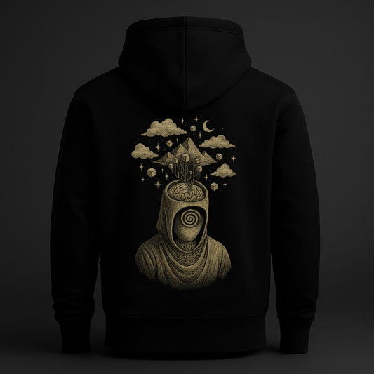 Black hoodie with surreal dreamcore back print showing a hooded figure with an open head, a spiral face, floating mountains, clouds, cubes, and a moon symbolizing imagination, consciousness, and inner worlds.