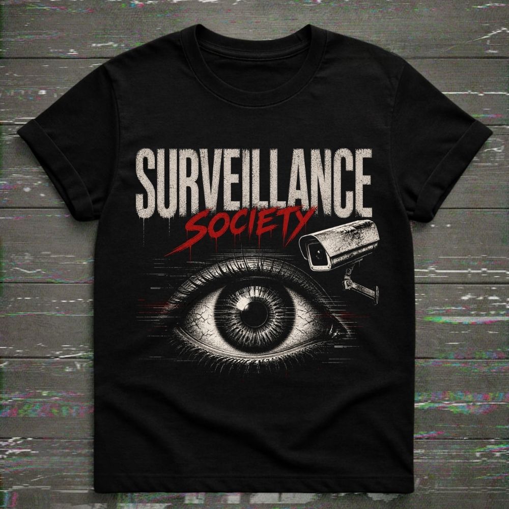 A black short-sleeve graphic t-shirt featuring the words 'SURVEILLANCE SOCIETY' in distressed white and red lettering, with a large illustrated eye and security camera graphic below, displayed flat against a dark wood plank background.