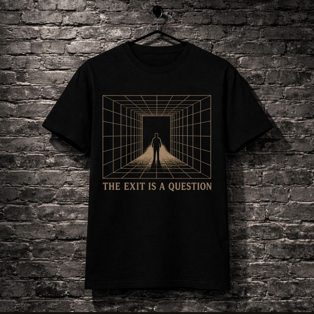 Black t-shirt with a graphic design and text 'The Exit is a Question' on a brick wall background