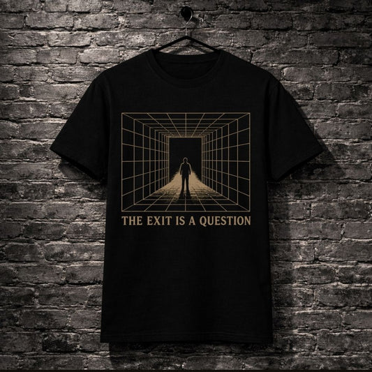 Black t-shirt with a graphic design and text 'The Exit is a Question' on a brick wall background