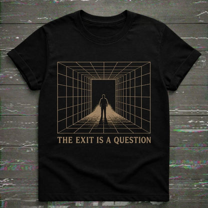 Black t-shirt with a graphic design of a person standing in a grid pattern and text 'The Exit is a Question' on a wooden surface.