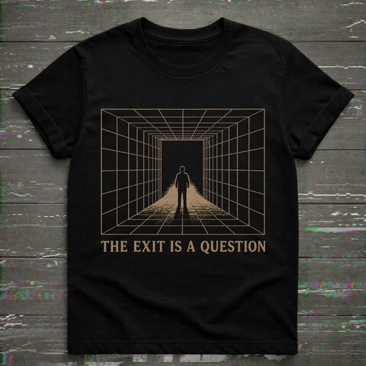 Black t-shirt with a graphic design of a person standing in a grid pattern and text 'The Exit is a Question' on a wooden surface.