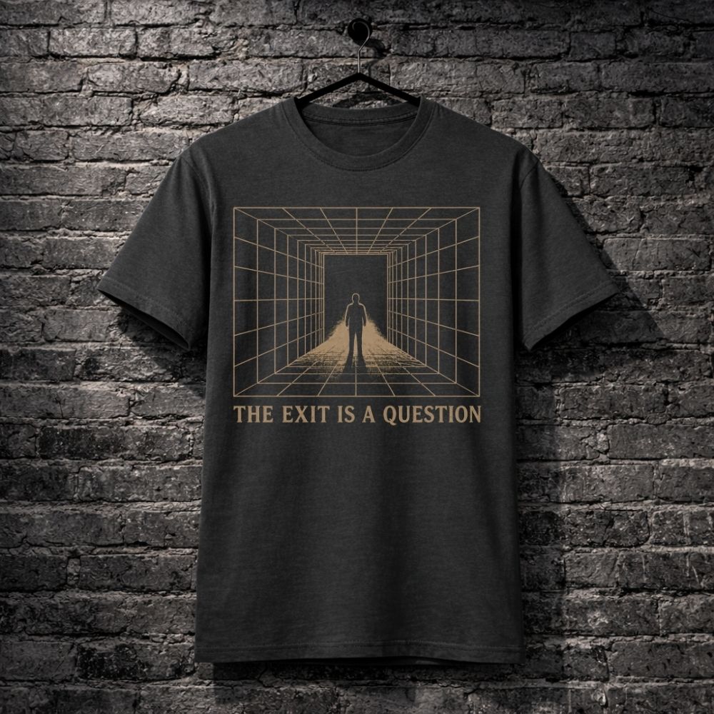 Dark t-shirt with geometric design and text 'The Exit is a Question' on a brick wall background