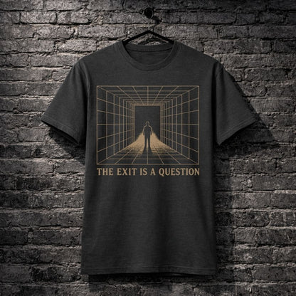 Dark t-shirt with geometric design and text 'The Exit is a Question' on a brick wall background
