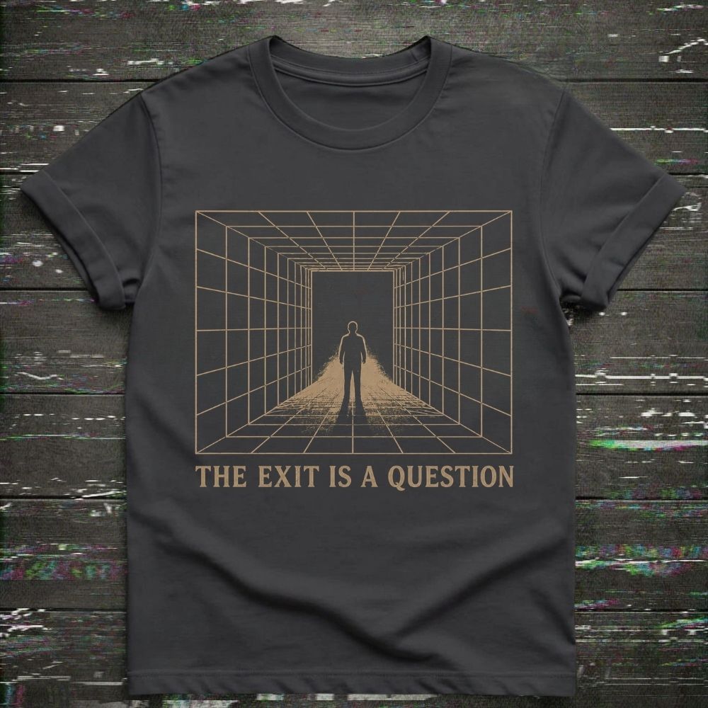 Black t-shirt with a graphic design and text 'The Exit is a Question' on a textured dark background
