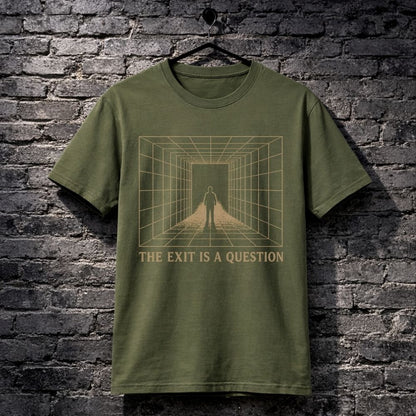 Green t-shirt with graphic design and text 'The Exit is a Question' on a brick wall background