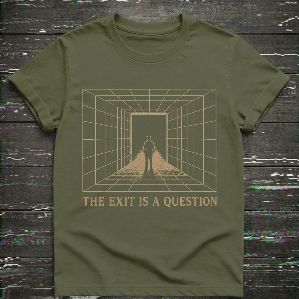 Green t-shirt with a graphic design and text 'The Exit is a Question' on a textured surface.
