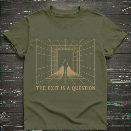 Green t-shirt with a graphic design and text 'The Exit is a Question' on a textured surface.