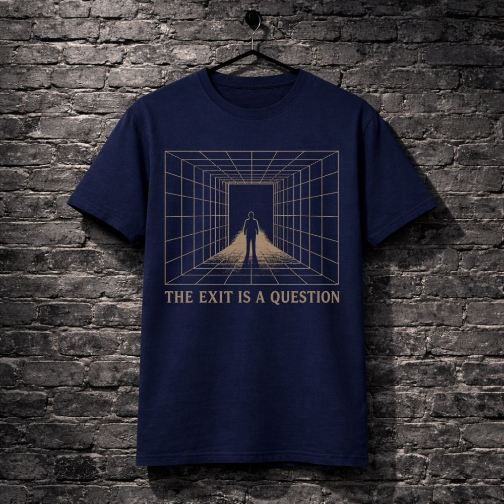 Navy blue t-shirt with graphic design and text 'The Exit is a Question' on a brick wall background