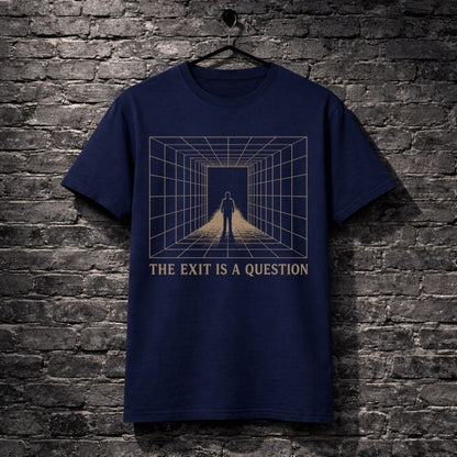 Navy blue t-shirt with graphic design and text 'The Exit is a Question' on a brick wall background