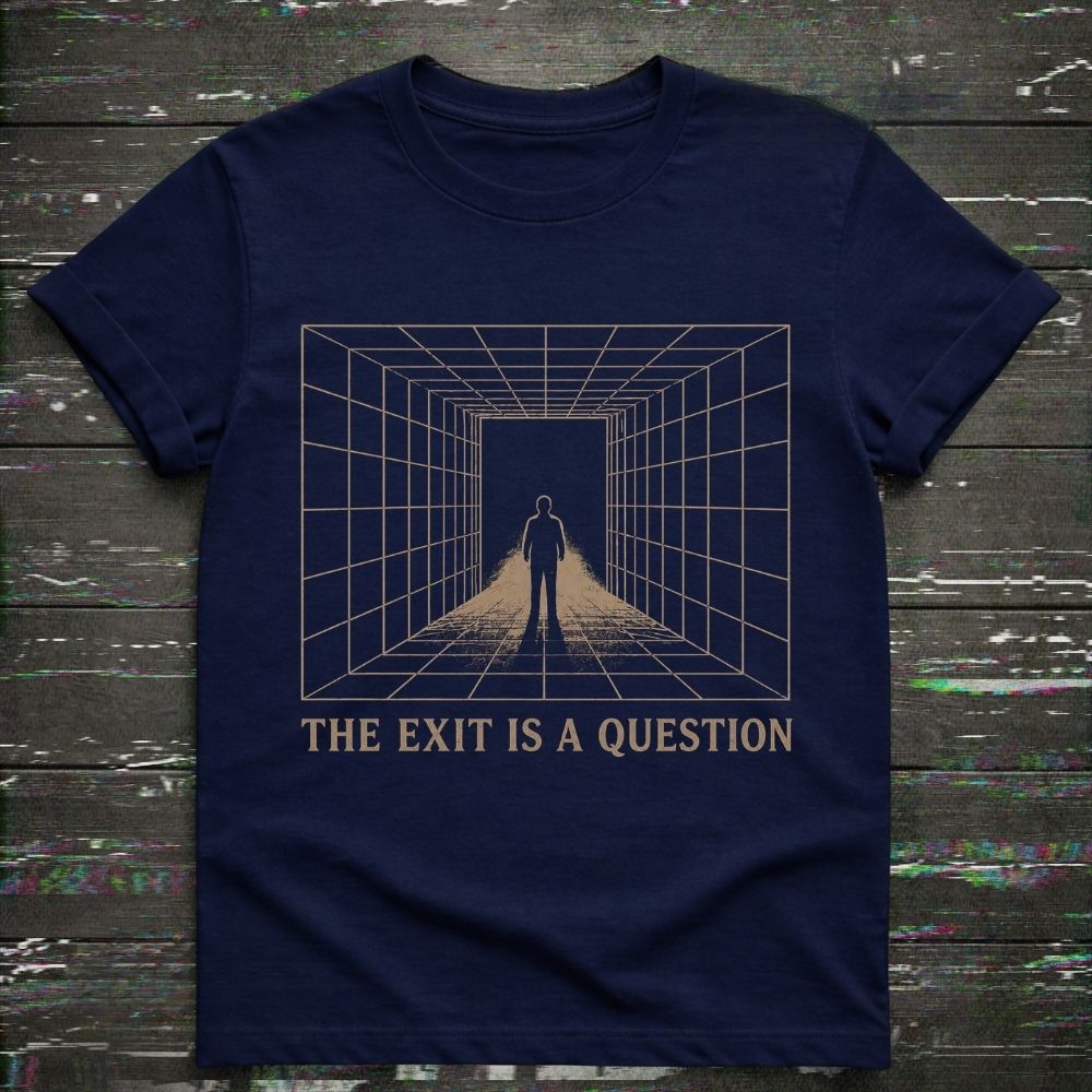 Navy blue t-shirt with a graphic design and text 'The Exit is a Question' on a textured dark background.