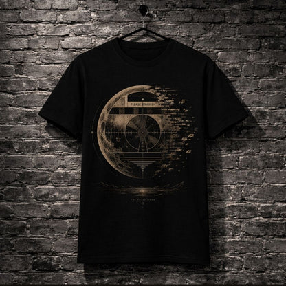 Black t-shirt with a gold graphic design on a brick wall background