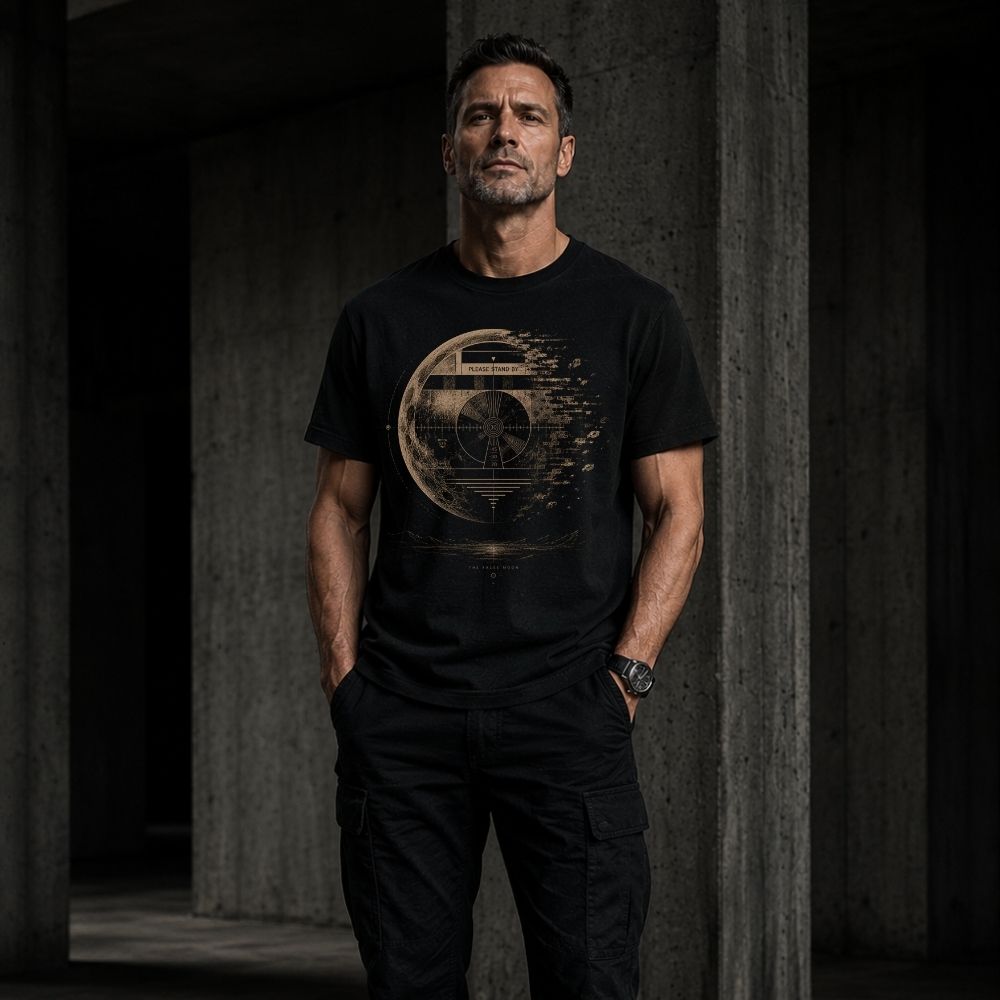Man wearing a black t-shirt with a graphic design in a dark setting