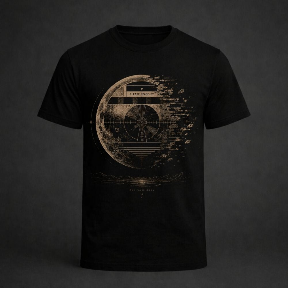 Black t-shirt with a detailed graphic design on a dark background