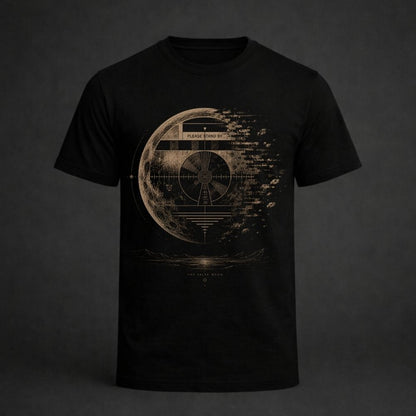 Black t-shirt with a detailed graphic design on a dark background