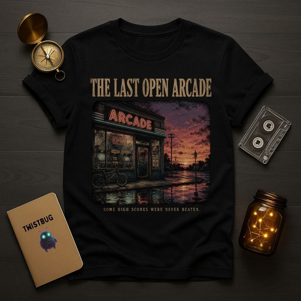 A black graphic t-shirt laid flat on a dark wood surface, surrounded by decorative props including a vintage compass, cassette tape, notebook, and mason jar with string lights. The shirt features a large printed graphic of an open arcade at sunset with the text 'THE LAST OPEN ARCADE' and 'SOME HIGH SCORES WERE NEVER BEATEN.