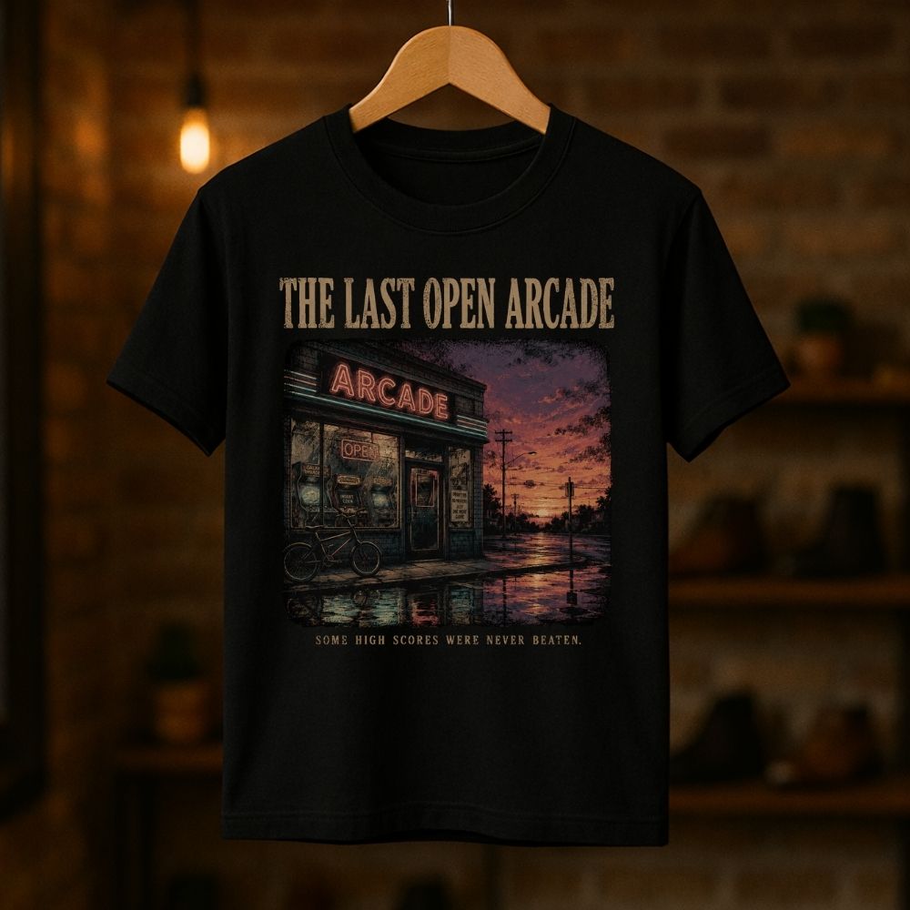 A black short-sleeve graphic t-shirt hanging on a wooden hanger against a warm, blurred brick wall background. The t-shirt features a vintage-style graphic of an arcade building at sunset with the text 'THE LAST OPEN ARCADE' and 'SOME HIGH SCORES WERE NEVER BEATEN.