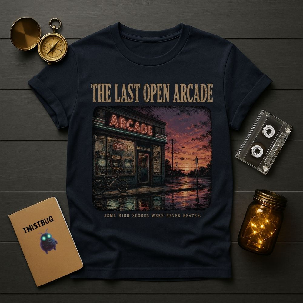 A navy blue graphic t-shirt featuring a vintage arcade machine scene with the text 'THE LAST OPEN ARCADE' and 'SOME HIGH SCORES WERE NEVER BEATEN'. The shirt is displayed in a flat-lay arrangement on a dark wood background alongside a pocket watch, cassette tape, notebook, and glowing mason jar.