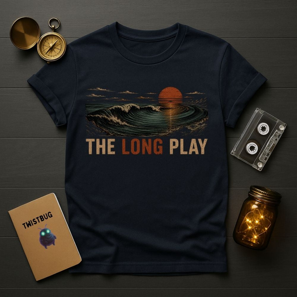 Navy blue t-shirt with 'The Long Play' design on a wooden surface with vintage items.