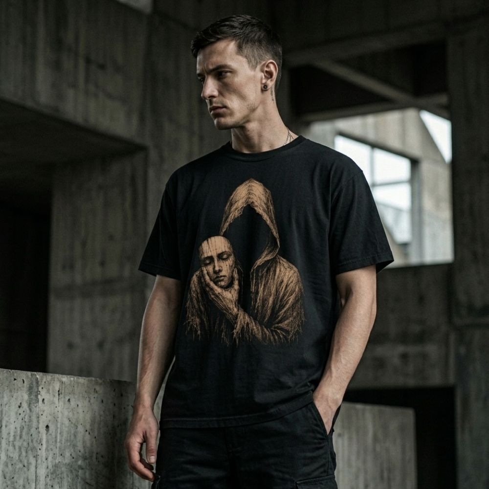 Man wearing a black t-shirt with a graphic design in an industrial setting