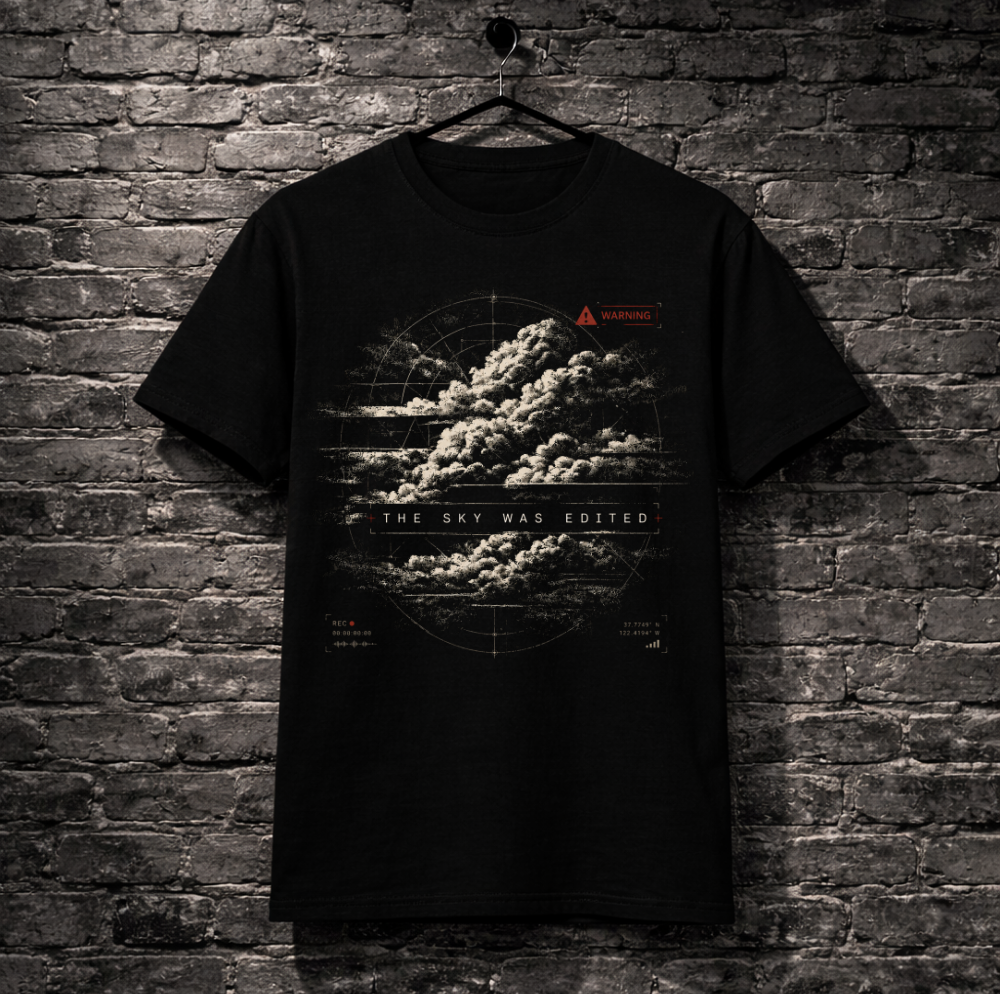 Black t-shirt with graphic design of clouds and text on a brick wall background