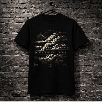 Black t-shirt with graphic design of clouds and text on a brick wall background