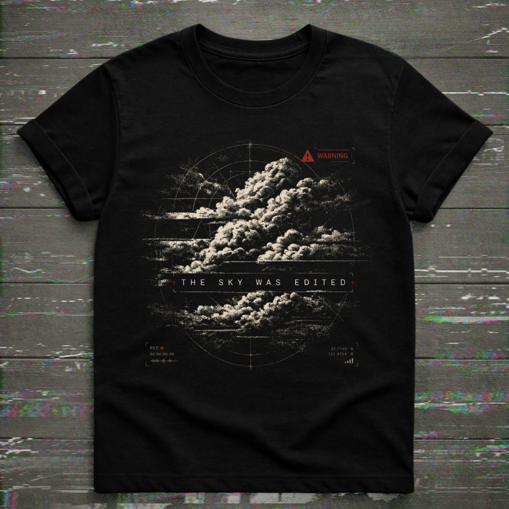 Black t-shirt with cloud graphic and text on a textured surface