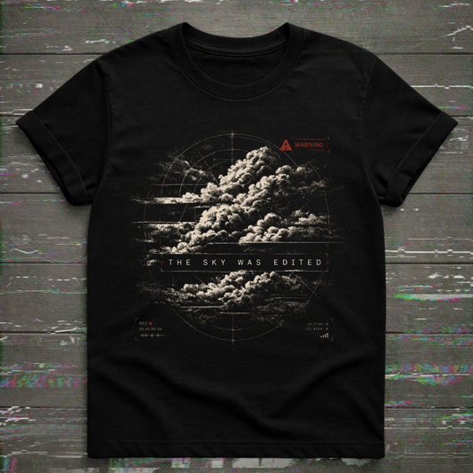 Black t-shirt with cloud graphic and text on a textured surface