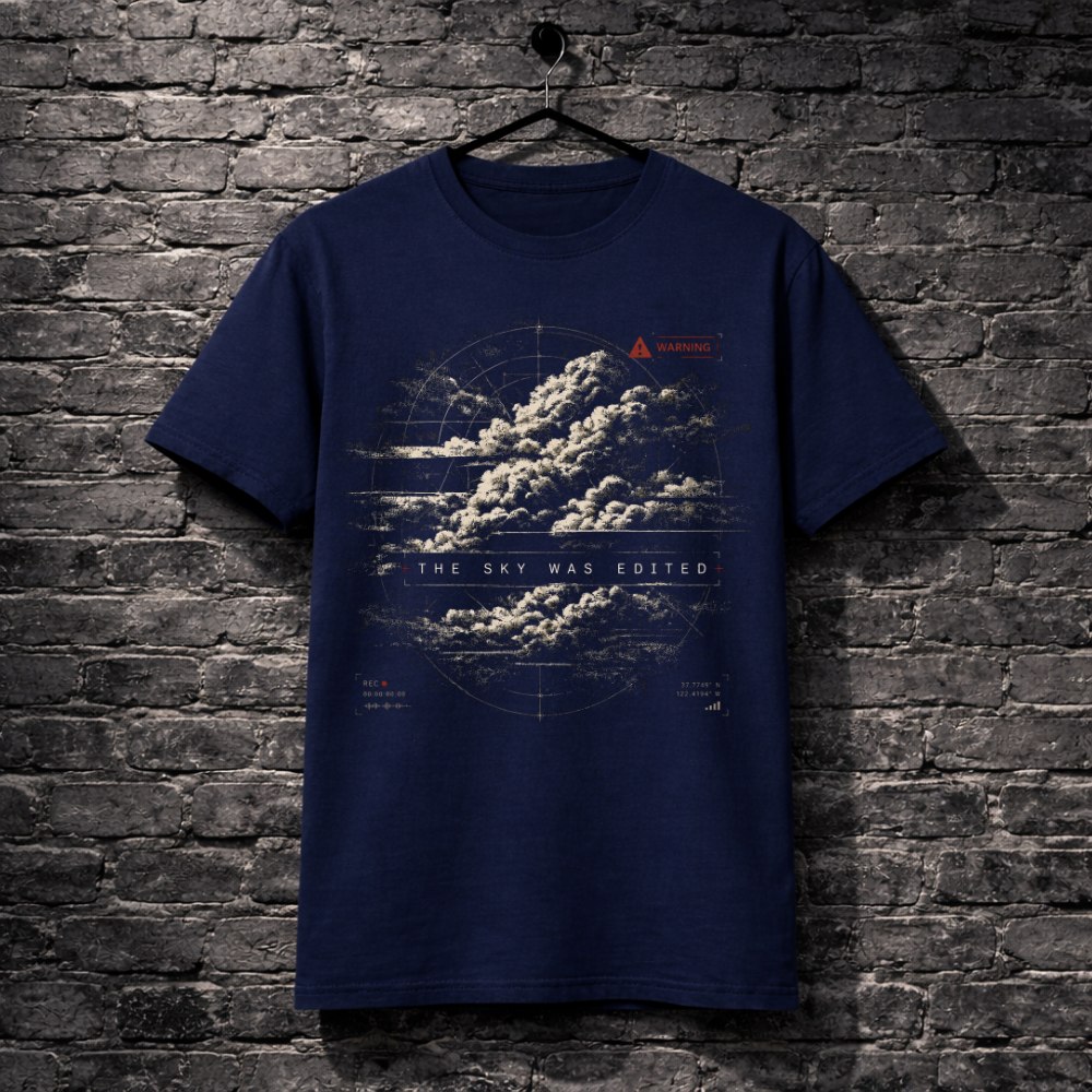 Navy blue t-shirt with cloud design and text on a brick wall background