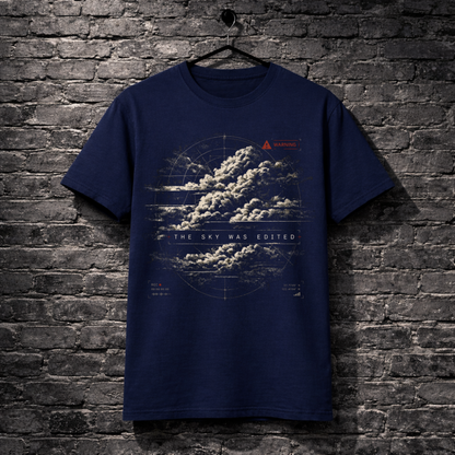 Navy blue t-shirt with cloud design and text on a brick wall background