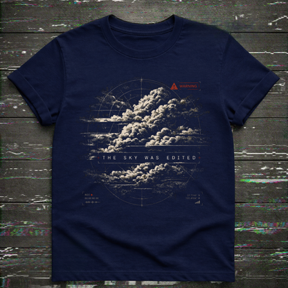 Navy blue t-shirt with cloud graphic and text on a textured dark background