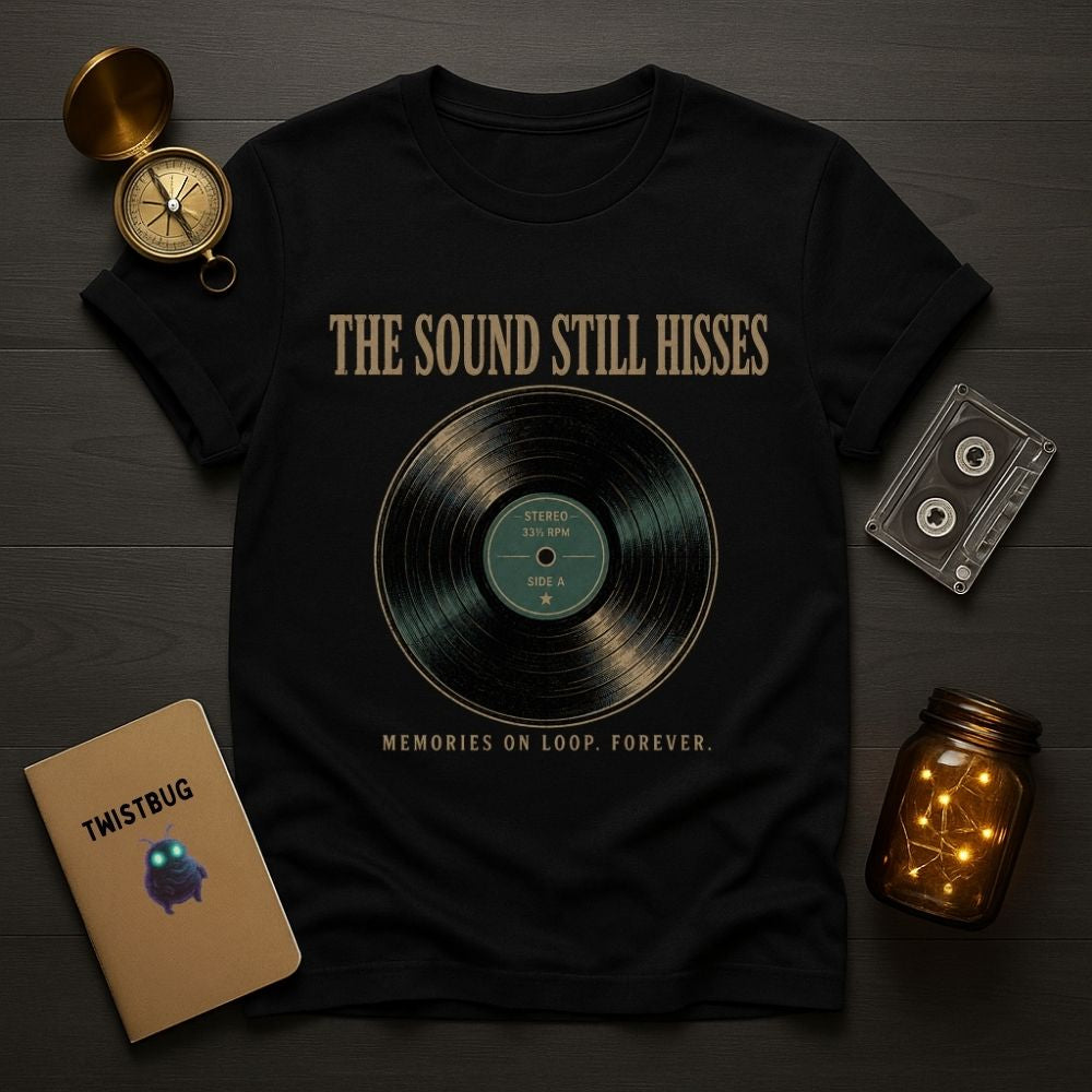 A black graphic T-shirt laid flat on a dark wood surface, surrounded by styled props including a vintage compass, a cassette tape, a notebook, and a lit mason jar. The shirt features the text 'THE SOUND STILL HISSES' above a vinyl record graphic and 'MEMORIES ON LOOP, FOREVER.