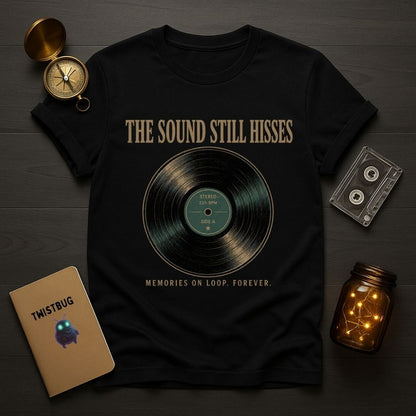A black graphic T-shirt laid flat on a dark wood surface, surrounded by styled props including a vintage compass, a cassette tape, a notebook, and a lit mason jar. The shirt features the text 'THE SOUND STILL HISSES' above a vinyl record graphic and 'MEMORIES ON LOOP, FOREVER.