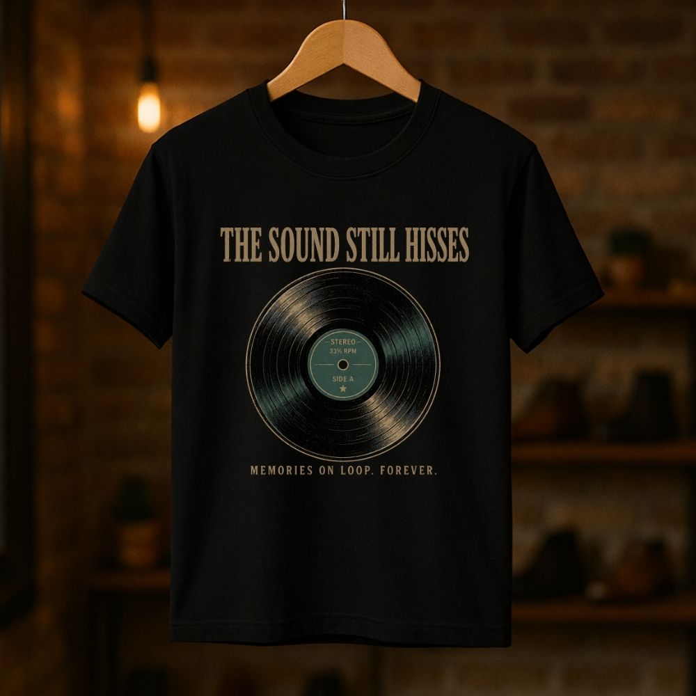 A black short-sleeve graphic T-shirt hanging on a wooden hanger against a warm, blurred brick wall background. The shirt features a vinyl record graphic with the text 'THE SOUND STILL HISSES' above it and 'MEMORIES ON LOOP FOREVER.
