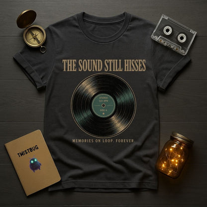 A dark charcoal gray graphic t-shirt laid flat on a dark wood background, surrounded by styled props including a vintage compass, a cassette tape, a Twisted Bug notebook, and a glass jar with warm fairy lights. The t-shirt features a vinyl record graphic with the text 'THE SOUND STILL HISSES' and 'MEMORIES ON LOOP, FOREVER.