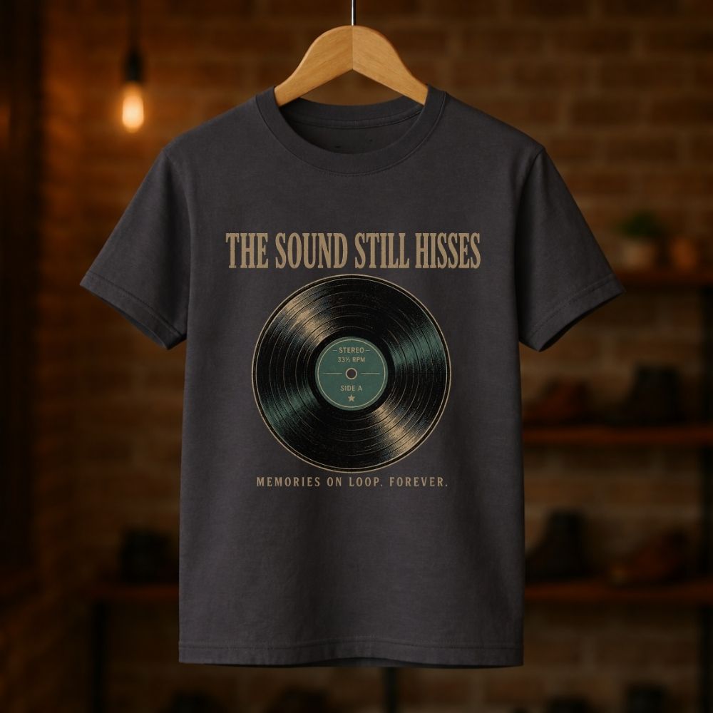 A dark charcoal gray graphic t-shirt hanging on a wooden hanger against a blurred brick wall background. The shirt features a vintage vinyl record graphic in black and green with the text 'THE SOUND STILL HISSES' above and 'MEMORIES ON LOOP FOREVER.