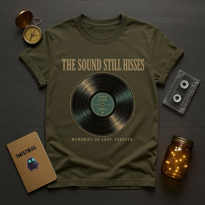 An olive green graphic t-shirt laid flat on a dark wood background, surrounded by themed props including a vintage compass, cassette tape, notebook, and mason jar with string lights. The t-shirt features a vinyl record graphic and the text 'THE SOUND STILL HISSES' and 'MEMORIES ON LOOP, FOREVER.